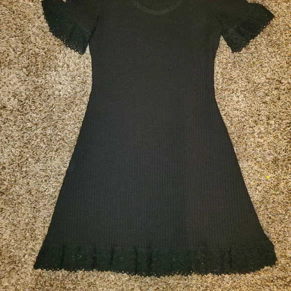 Womens Vintage Union Made Dress 70s Black knit S small macrame lace Judy Gibbs - Picture 5 of 15